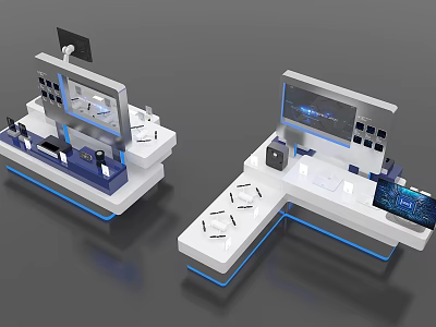 Modern Exhibition Display Shelves With White Structure Blue Lighting And Electronic Screens 3d model