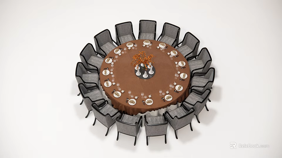Round Dining Table Set With Black Chairs Brown Tablecloth Tableware And Centerpiece 3d model 