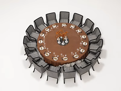 Round Dining Table Set With Black Chairs Brown Tablecloth Tableware And Centerpiece 3d model