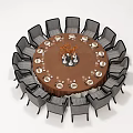 Round Dining Table Set With Black Chairs Brown Tablecloth Tableware And Centerpiece