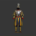 Swiss Guard Uniform With Metallic Armor And Striped Tunic On Display Stand