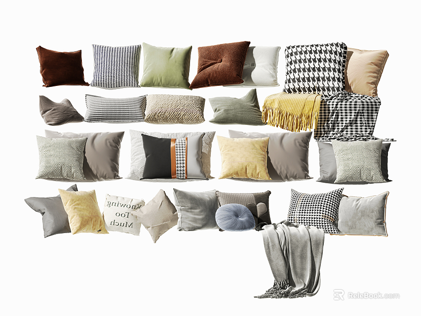 Velvet And Cotton Throw Pillows In Various Colors With Striped Checkered Fringed Patterns 3d model 