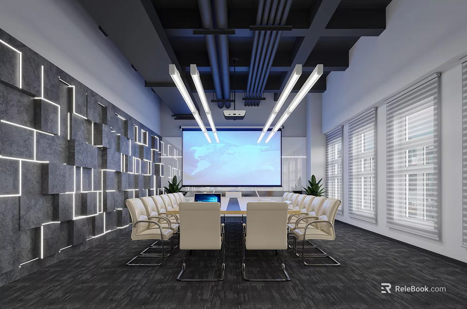 Modern Conference Room with Long Table Chairs Large Projector Screen Geometric Pattern Wall and Windows 3d model 