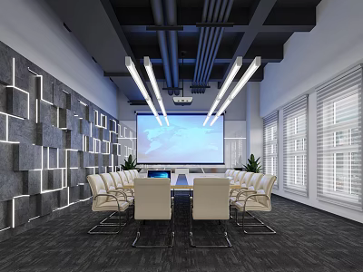 Modern Conference Room with Long Table Chairs Large Projector Screen Geometric Pattern Wall and Windows 3d model