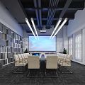 Modern Conference Room with Long Table Chairs Large Projector Screen Geometric Pattern Wall and Windows 3d model