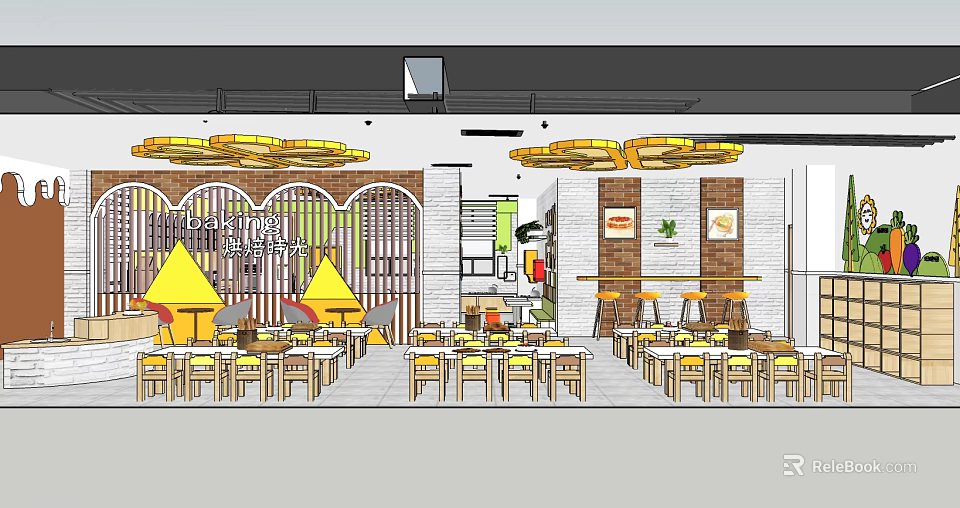 School Cafeteria Interior Design Featuring Tables Chairs And Hanging Lights 3d model