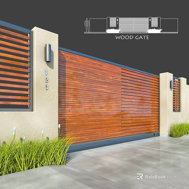 Modern Wooden Slatted Partition Design With Beige Wall Grass And Light Fixtures 3d model 