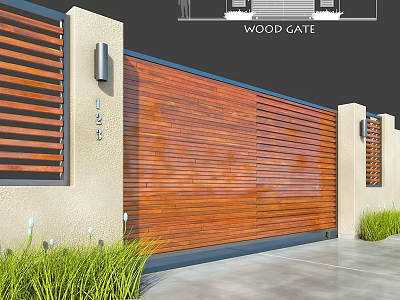 Modern Wooden Slatted Partition Design With Beige Wall Grass And Light Fixtures 3d model