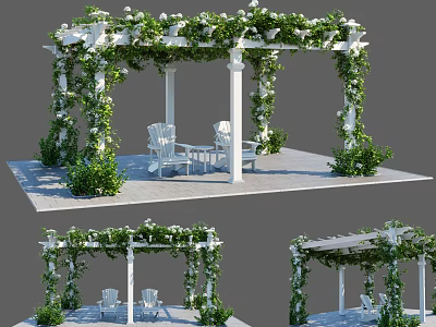 White Pergola With Lush Vines And Flowers Featuring Greenery And White Chairs And Table 3d model