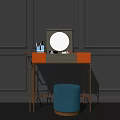 Modern Dressing Table with Orange Gray Cabinets Gold Frame Round Mirror and Blue Stool 3d model