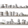 Modern Minimalist Dinnerware Set With Mugs Plates Teapots Bowls Jars And Wine Glasses On Shelves