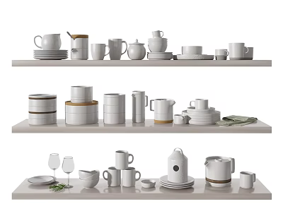 Modern Minimalist Dinnerware Set With Mugs Plates Teapots Bowls Jars And Wine Glasses On Shelves 3d model