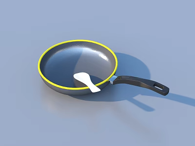 Modern Cookware Frying Pan With Yellow Rim Black Handle And White Spoon On Blue Background 3d model