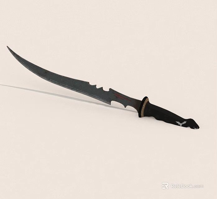Curved Black Blade Tactical Knife With Serrated Edge And Decorative Handle Grip 3d model 