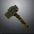 Enchanted Hammer with Wooden Handle Green Rope Carved Patterns And Glowing Gem