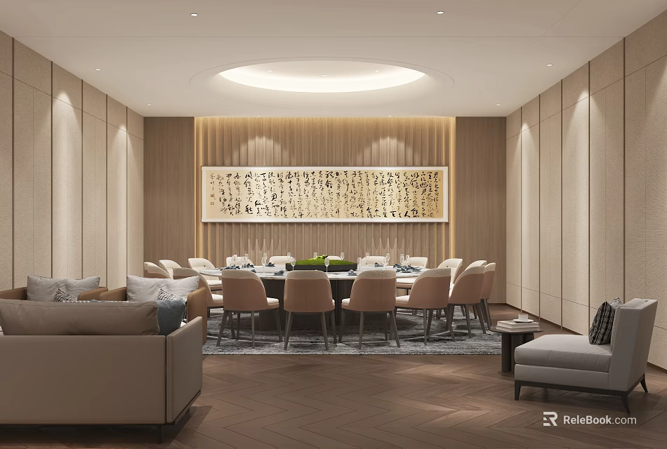 Elegant Private Dining Room With Round Table Calligraphy And Sofa 3d model