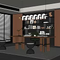 Modern Home Office Interior With Wooden Desk Shelves Books And Hanging Lights