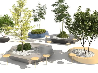 Modern Hexagonal Tree Planters with Trees Shrubs White Pebbles and Small Round Tables Stools 3d model