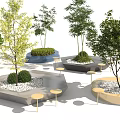 Modern Hexagonal Tree Planters with Trees Shrubs White Pebbles and Small Round Tables Stools 3d model