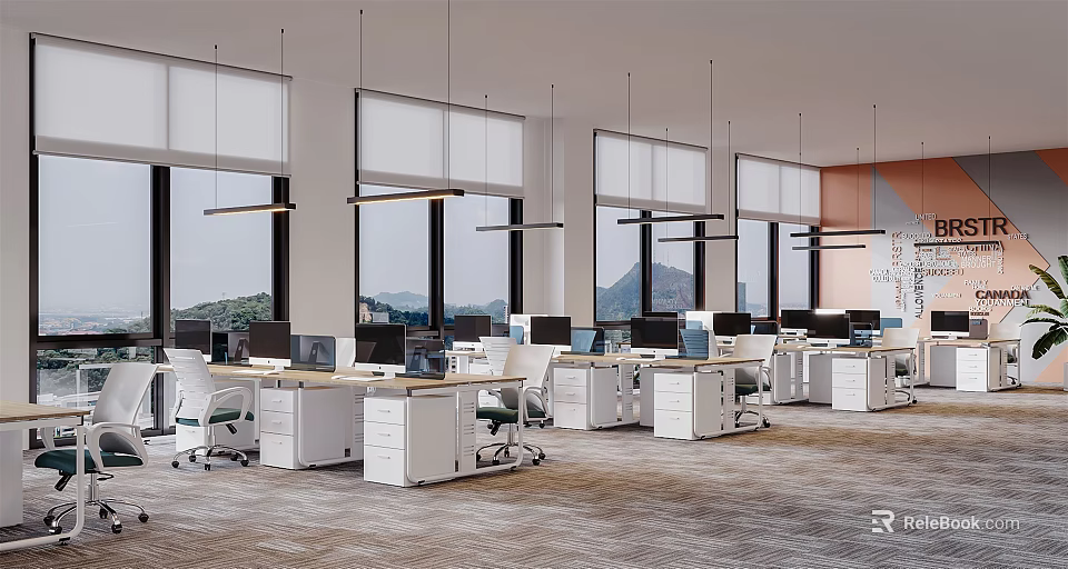 Modern Public Office Space With Desks Computers Office Chairs Hanging Lights And Large Windows 3d model 