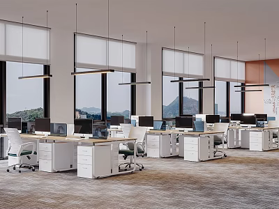Modern Public Office Space With Desks Computers Office Chairs Hanging Lights And Large Windows 3d model