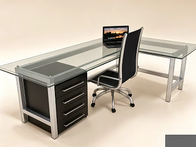 Modern Glass Office Desk With Black Office Chair Laptop And Drawer Cabinet Featuring Silver Handles 3d model