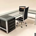 Modern Glass Office Desk With Black Office Chair Laptop And Drawer Cabinet Featuring Silver Handles