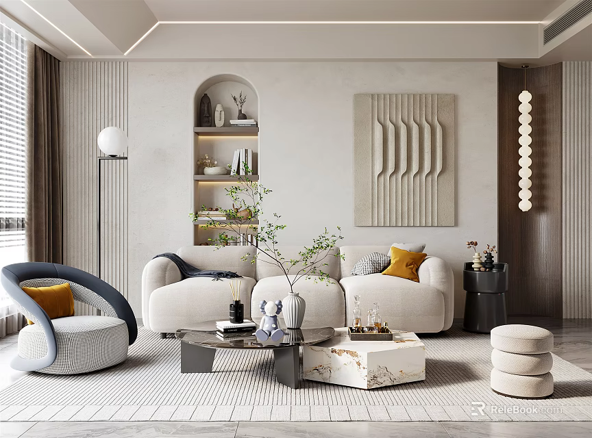 Modern Living Room Interior Design With Beige Sofa Armchair Marble Coffee Table And Abstract Artwork 3d model 