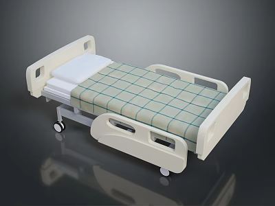 Modern Hospital Bed With White Frame Checkered Mattress And Side Rails 3d model