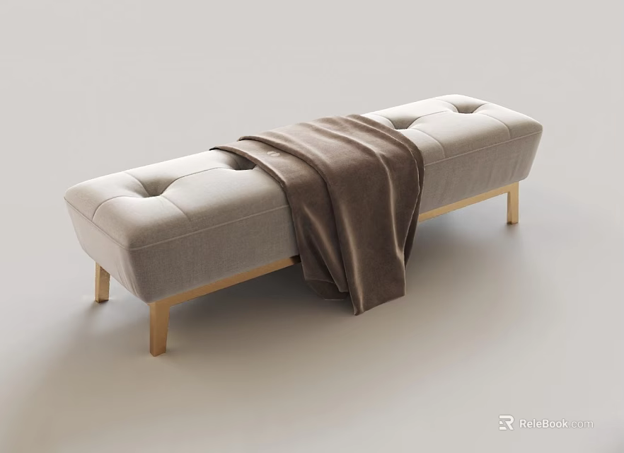 Light Gray Tufted Upholstered Sofa Bench With Golden Legs And Brown Blanket 3d model 