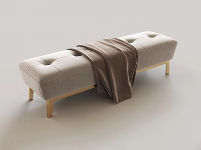 Light Gray Tufted Upholstered Sofa Bench With Golden Legs And Brown Blanket 3d model