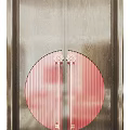 Modern Double Doors Design With Wooden Frame Red Circular Accents And Grid Patterns