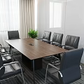 Modern Conference Room Interior With Wooden Table Gray Chairs White Walls And Green Plant