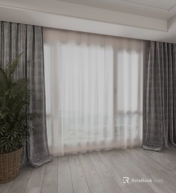 Grey Plaid Curtains With White Sheer Panels For Modern Indoor Large Windows 3d model 