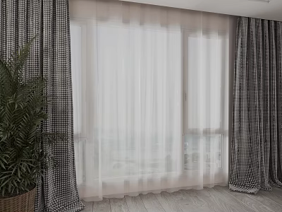 Grey Plaid Curtains With White Sheer Panels For Modern Indoor Large Windows 3d model