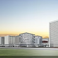 Modern Office Building with Glass Curtain Walls Red Spherical Sculpture and Surrounding Trees and Cars