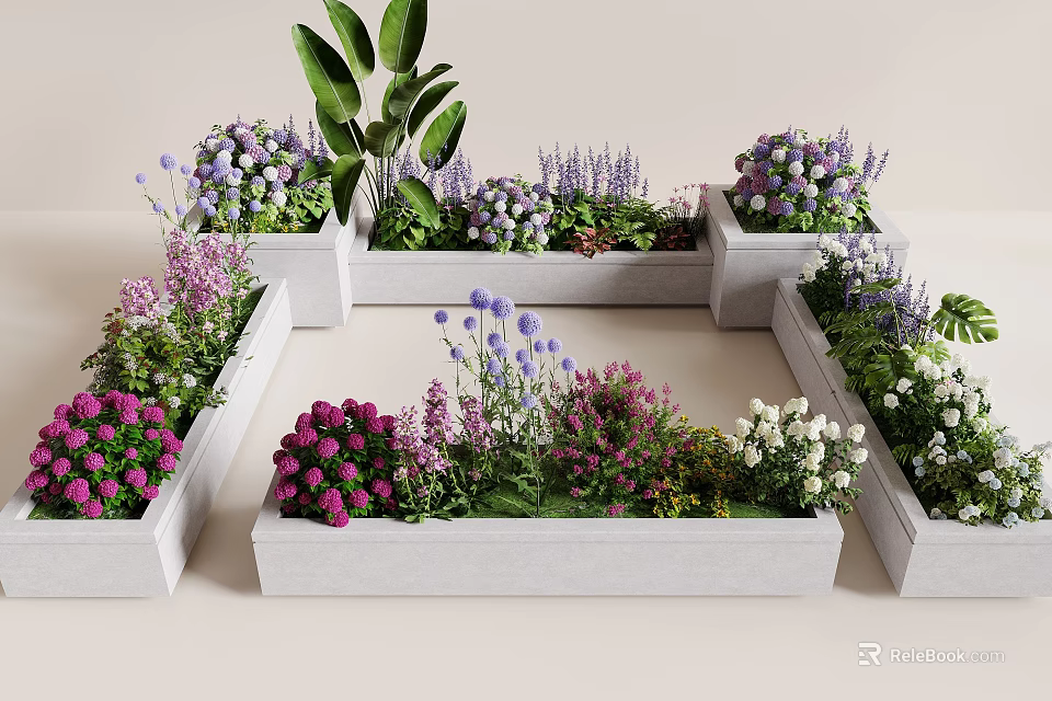 Plant Combination with Colorful Flowers in White Rectangular Planters Arranged in Square Layout 3d model 