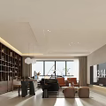 Modern Living Dining Room Interior Design With Black Leather Sofa Bookshelf Pendant Lights And Green Plants