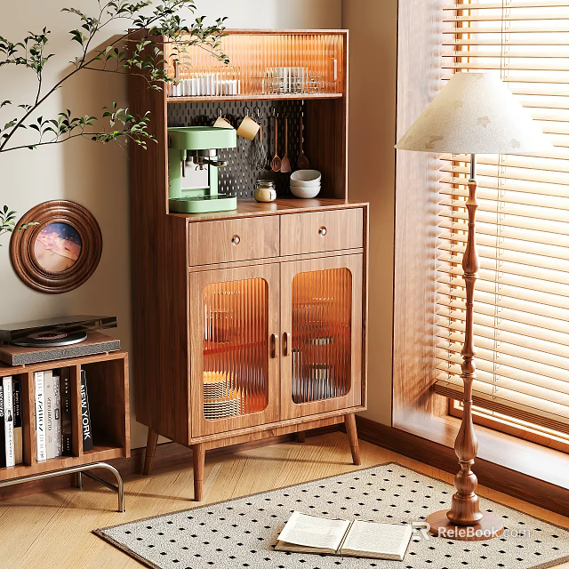 Modern Wooden Sideboard With Glass Doors And Coffee Maker Near Green Plants And Floor Lamp 3d model 