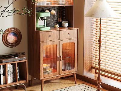 Modern Wooden Sideboard With Glass Doors And Coffee Maker Near Green Plants And Floor Lamp 3d model