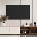 Modern Minimalist TV Stand With White And Brown Finish And Decorative Items On Striped Wall