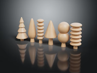 Wooden Geometric Furniture Decor Pieces With Smooth Light Wood Surface On Black Surface And Reflections 3d model