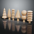 Wooden Geometric Furniture Decor Pieces With Smooth Light Wood Surface On Black Surface And Reflections