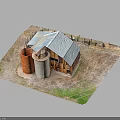Rustic Barn Structure With Metal Roof Red And Gray Silos Wooden Fence Dirt And Grass