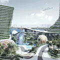 Modern Hotel Building Night View With Tall Structure Circular Arches Fountain Palm Trees And Garden
