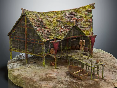 Old Wooden Cottage Model With Mossy Roof Wooden Dock And Small Boat On Stone Base 3d model