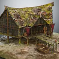 Old Wooden Cottage Model With Mossy Roof Wooden Dock And Small Boat On Stone Base