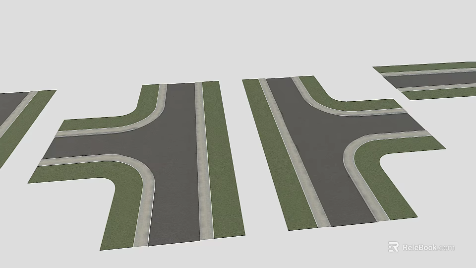 Urban Road Intersection With Green Belts Lane Markings And Asphalt Pavement 3d model 