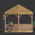 Hexagonal Wooden Gazebo With Table Bench Bicycle And Flower Pots