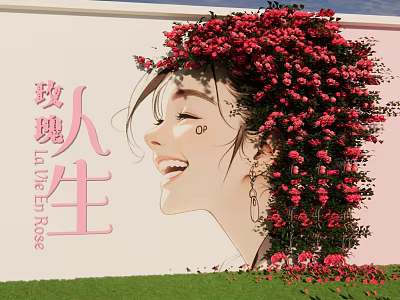 Vibrant Wall Mural with Woman's Profile Red Roses and Life is a Rose Text 3d model